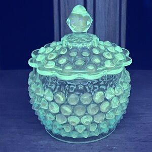 Vintage Fenton Ice Blue Hobnail Lidded Candy Jar~UV Reactive